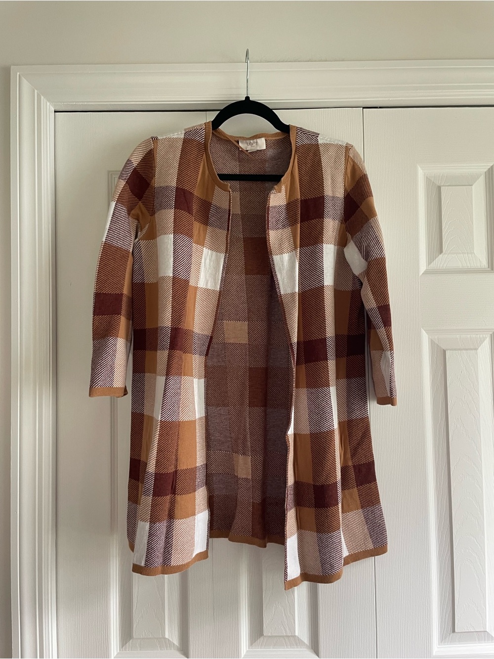 LOFT Plaid Open-Front Cardigan in Camel, White & Burgundy